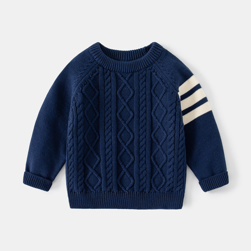 Navy cable knit toddler sweater with white sleeve stripes