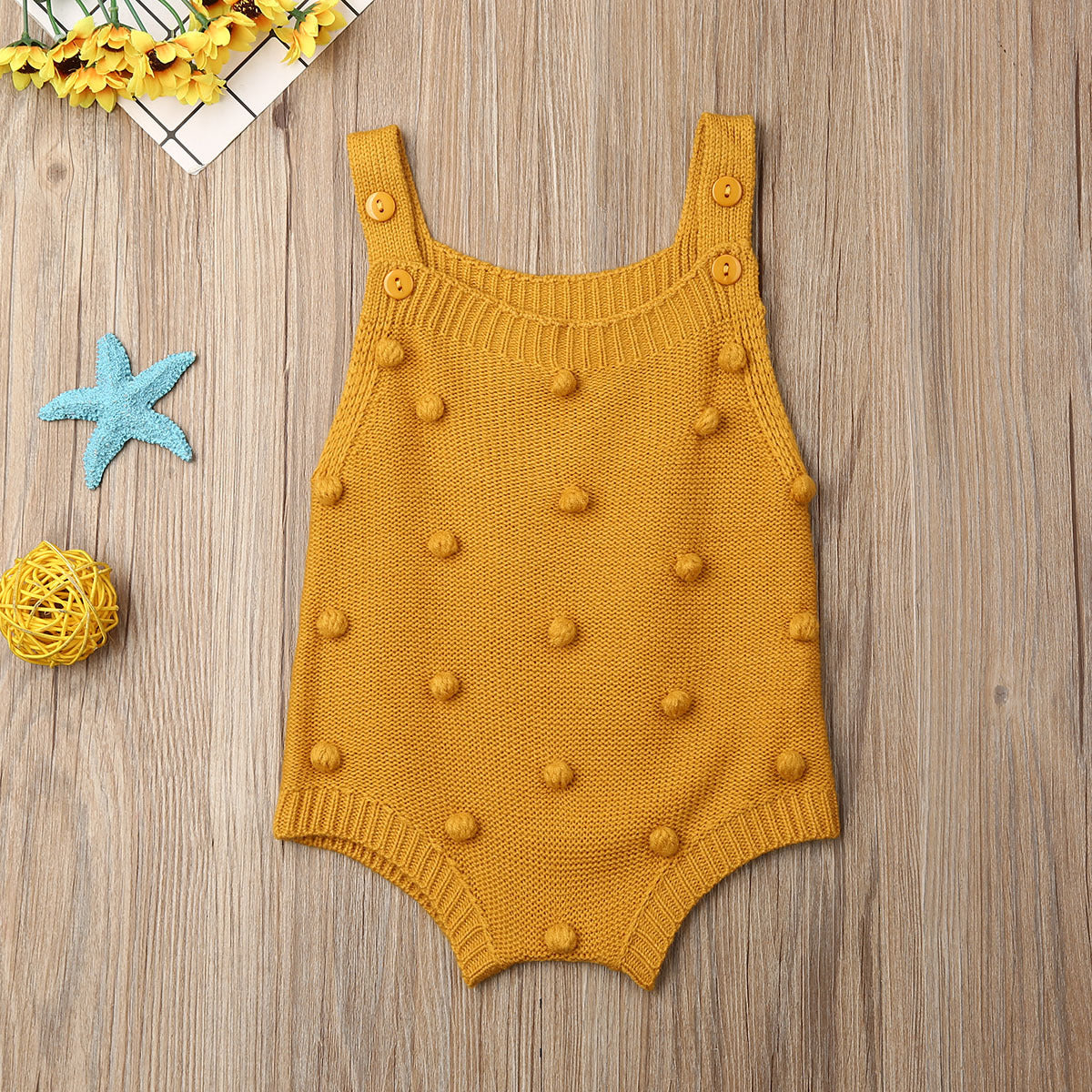 Mustard orange sleeveless pom-pom knit baby romper