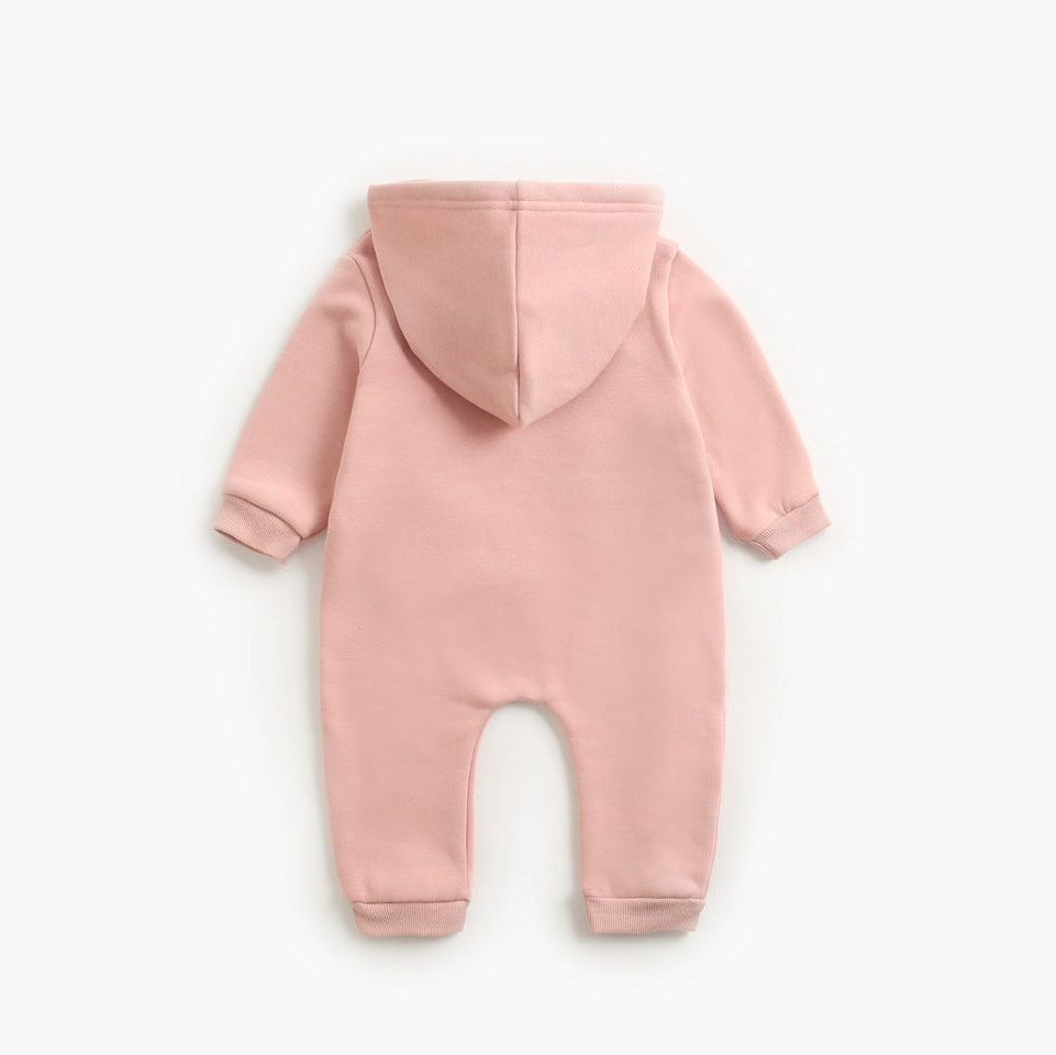 Back view of pink hooded baby jumpsuit