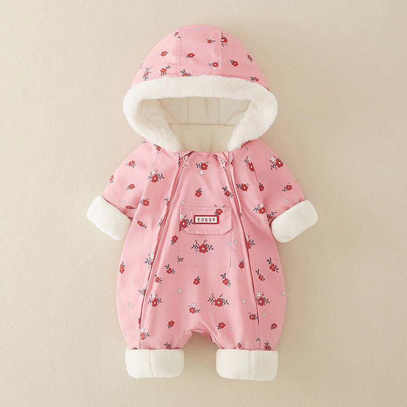 Pink printed hooded baby snowsuit with fluffy cuffs