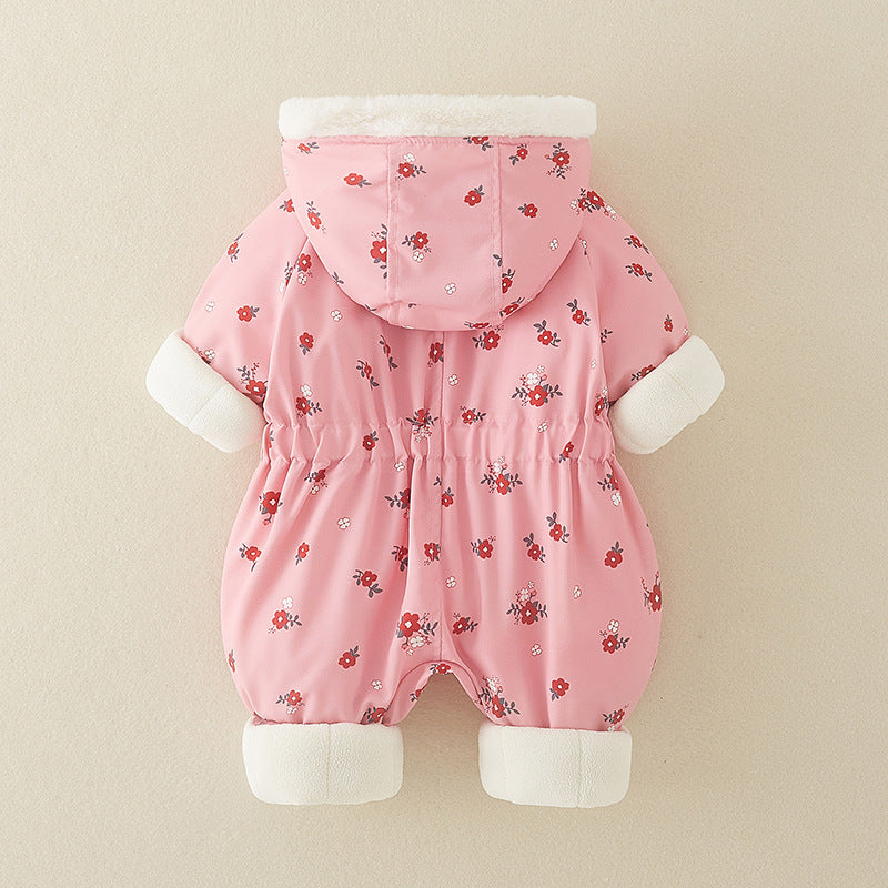 Back view of pink hooded baby snowsuit