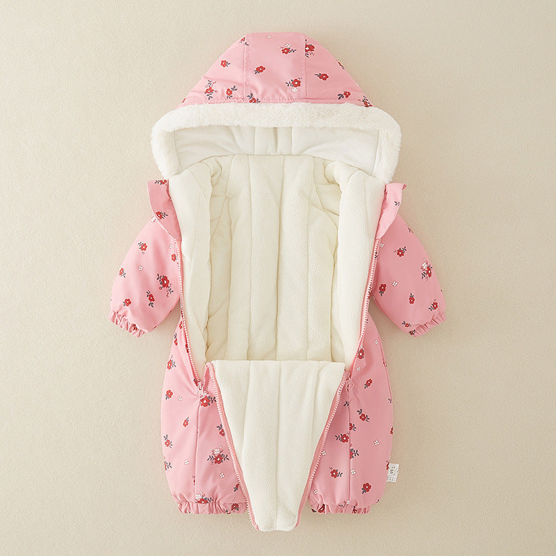 Pink snowsuit opened to show plush lining