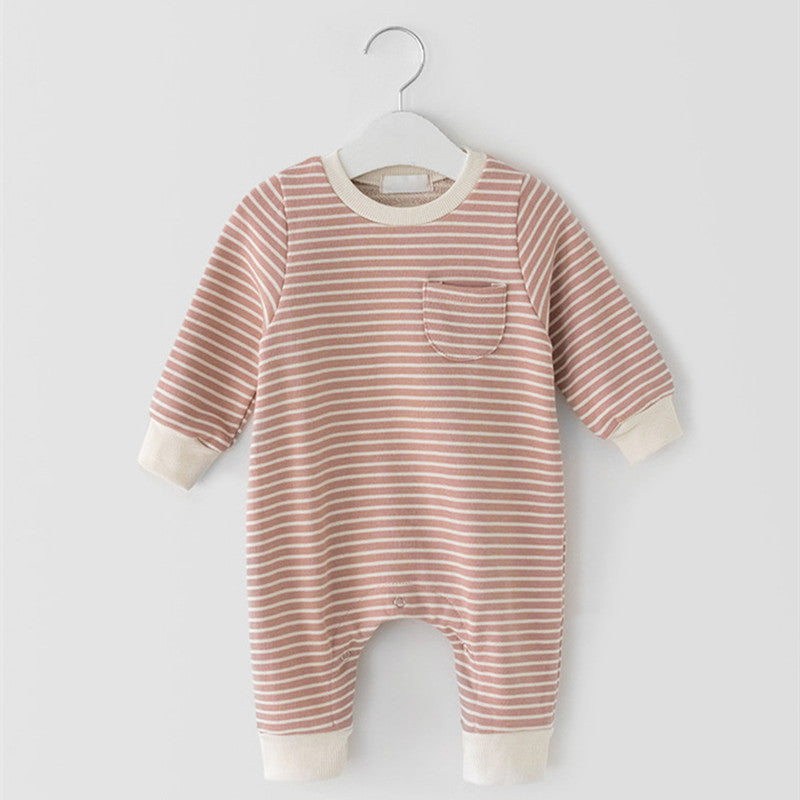 Pink striped baby jumpsuit with chest pocket on a hanger