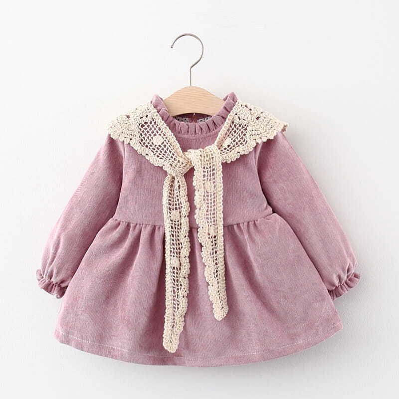 Purple corduroy toddler dress with crochet lace collar