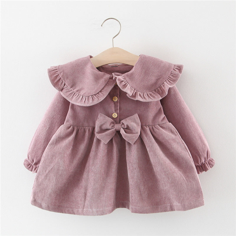 Purple corduroy princess dress with ruffle collar and bow