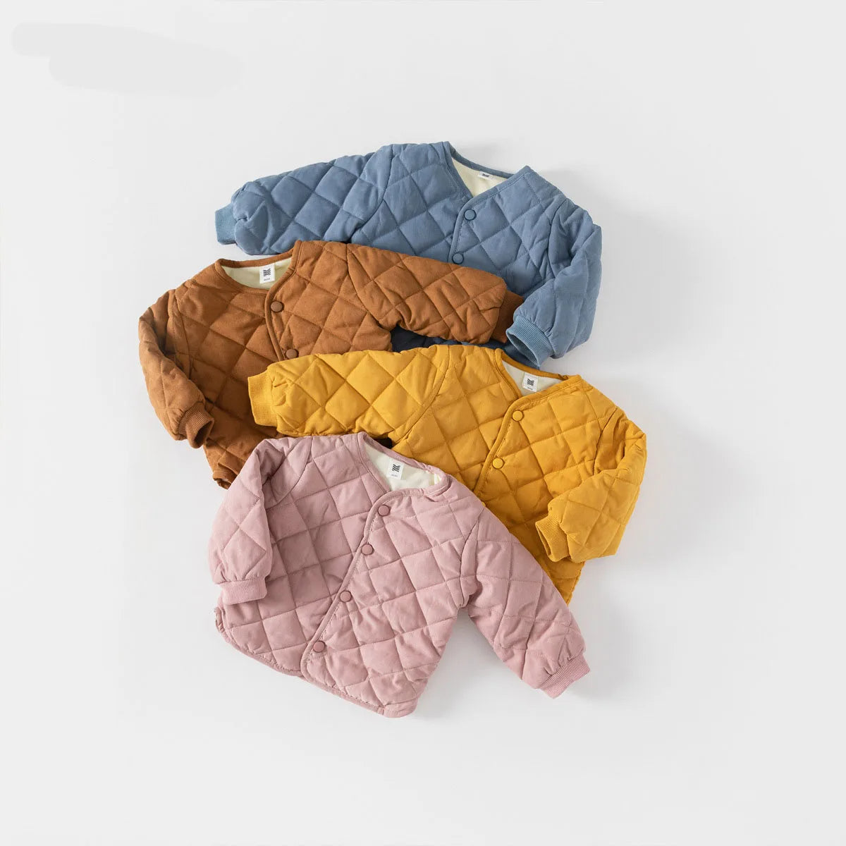 Blue, brown, yellow and pink diamond quilted baby jackets