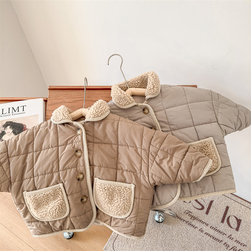 Beige and gray quilted padded baby jackets with sherpa collars