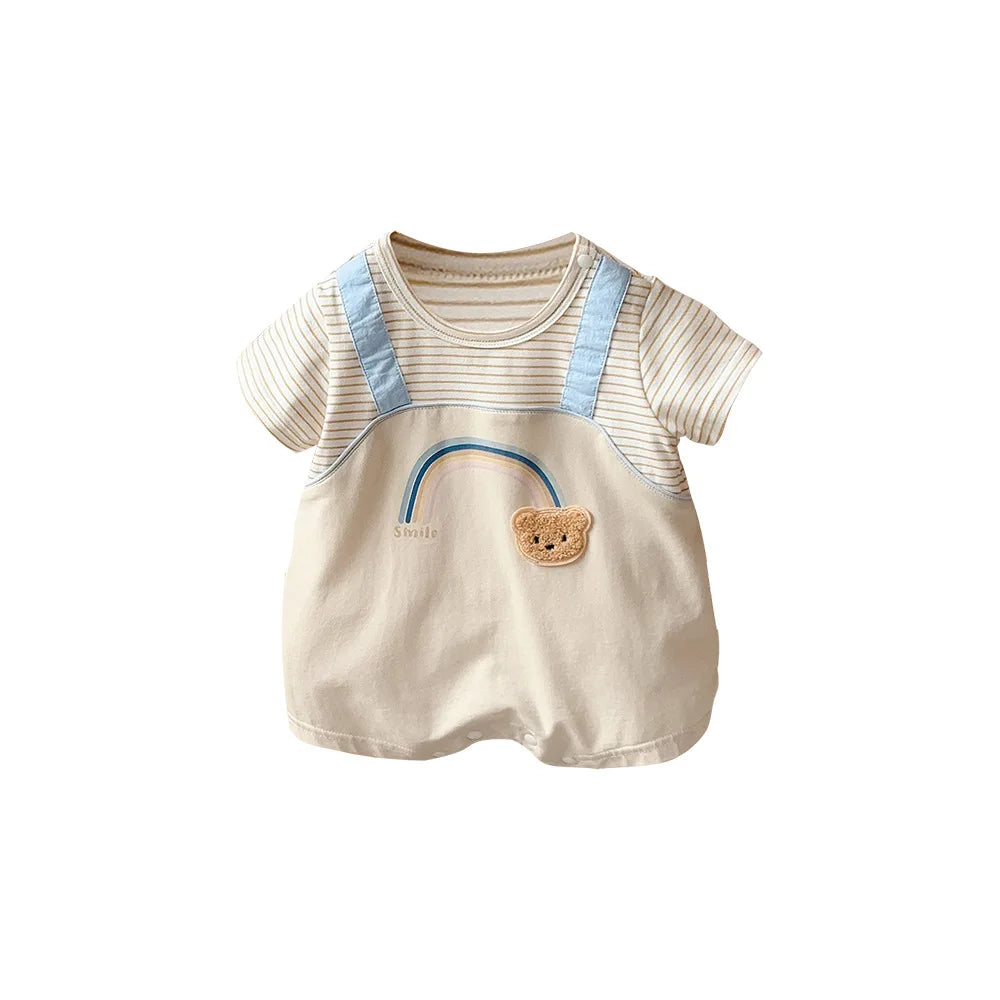 Rainbow bear striped romper on white background