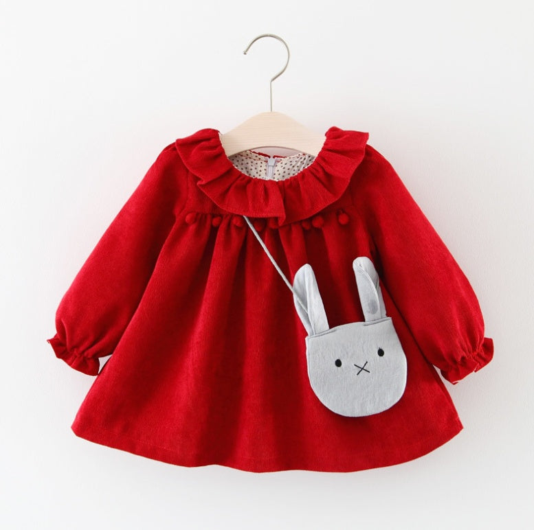 Red corduroy baby dress with bunny crossbody bag