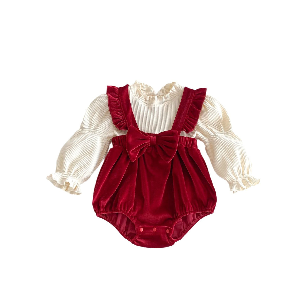 Red velvet romper and ruffle blouse set on white background