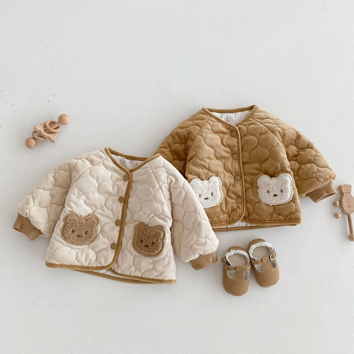 Apricot and brown reversible quilted baby coats with teddy bear pockets