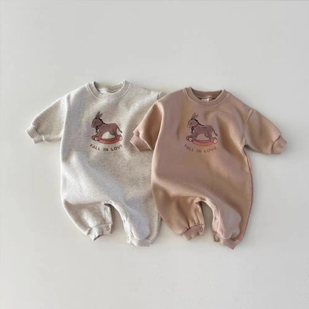 Gray and pink sweatshirt baby rompers with rocking horse Fall in Love print