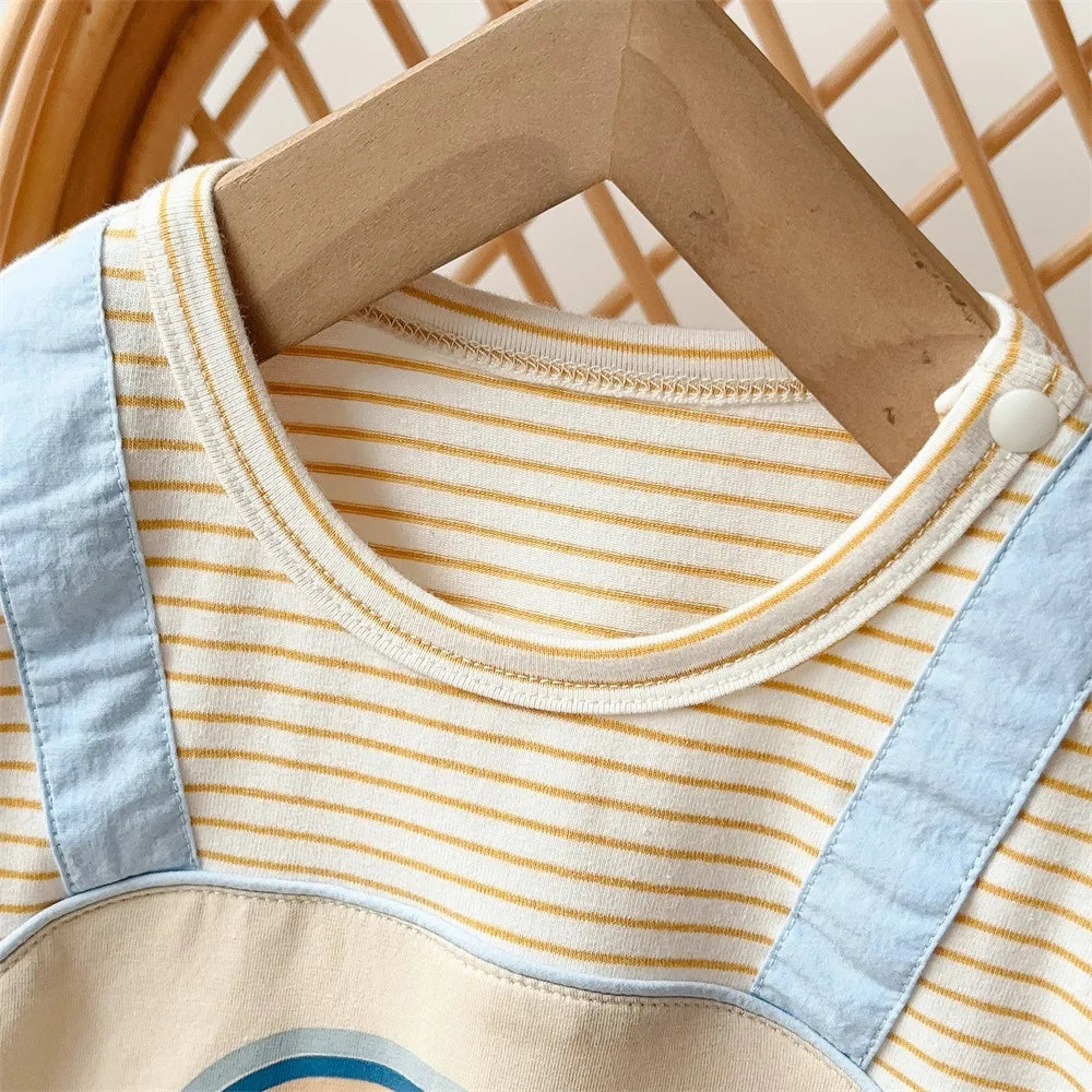 Close-up of blue strap and striped neckline