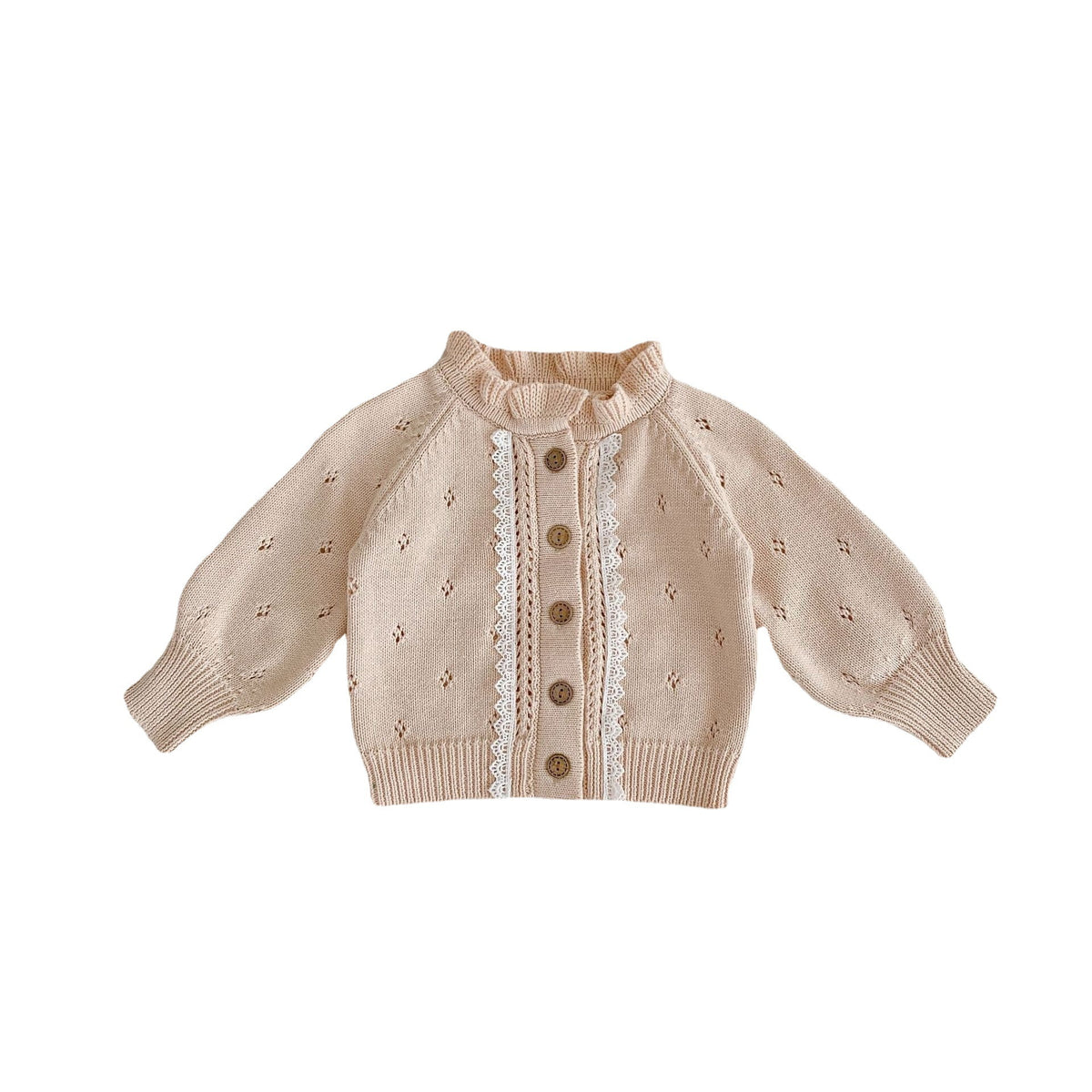 Cream ruffle collar knit baby jacket with lace trim on white background