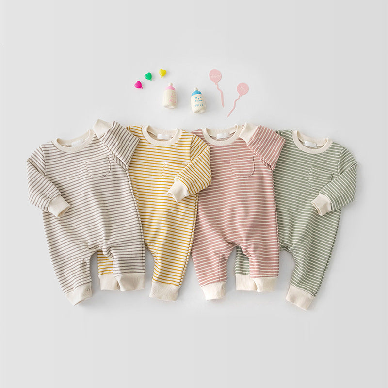Grey, yellow, pink and green striped baby jumpsuits