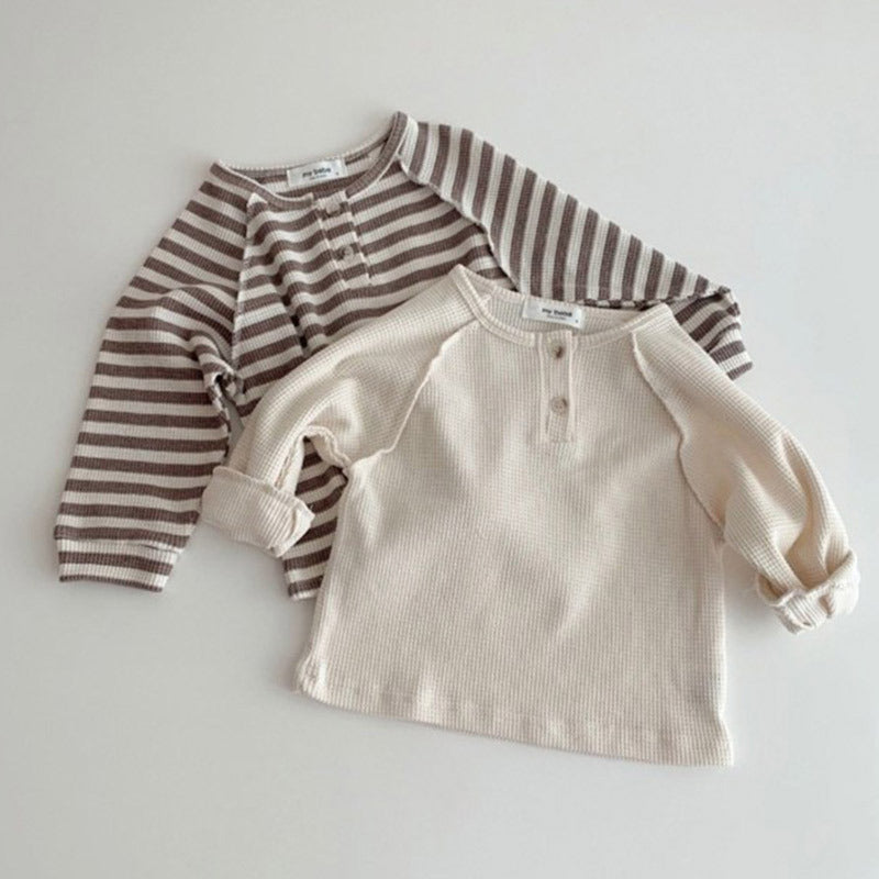 Brown striped and beige henley baby tops