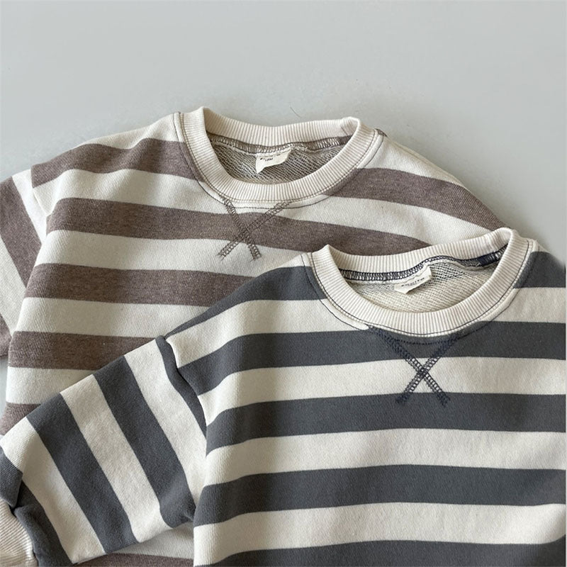 Close-up of ribbed neckline on striped baby rompers