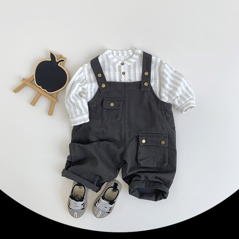Striped henley shirt styled with charcoal overalls
