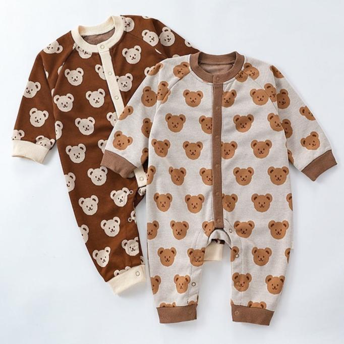 Brown and beige teddy bear knit baby jumpsuits