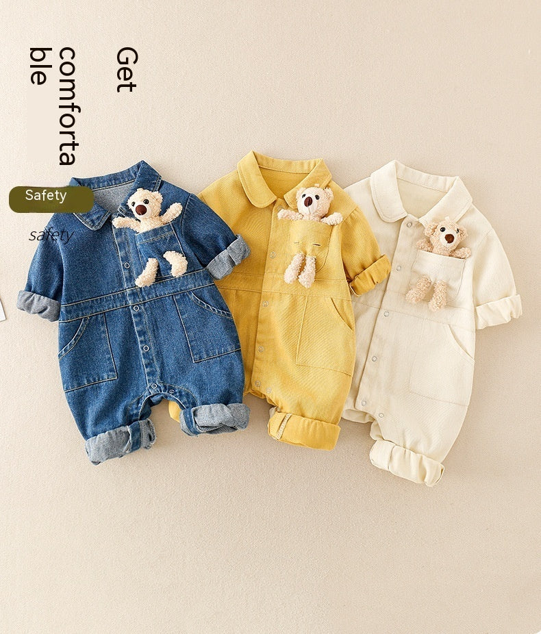 Blue, yellow and beige teddy pocket baby jumpsuits