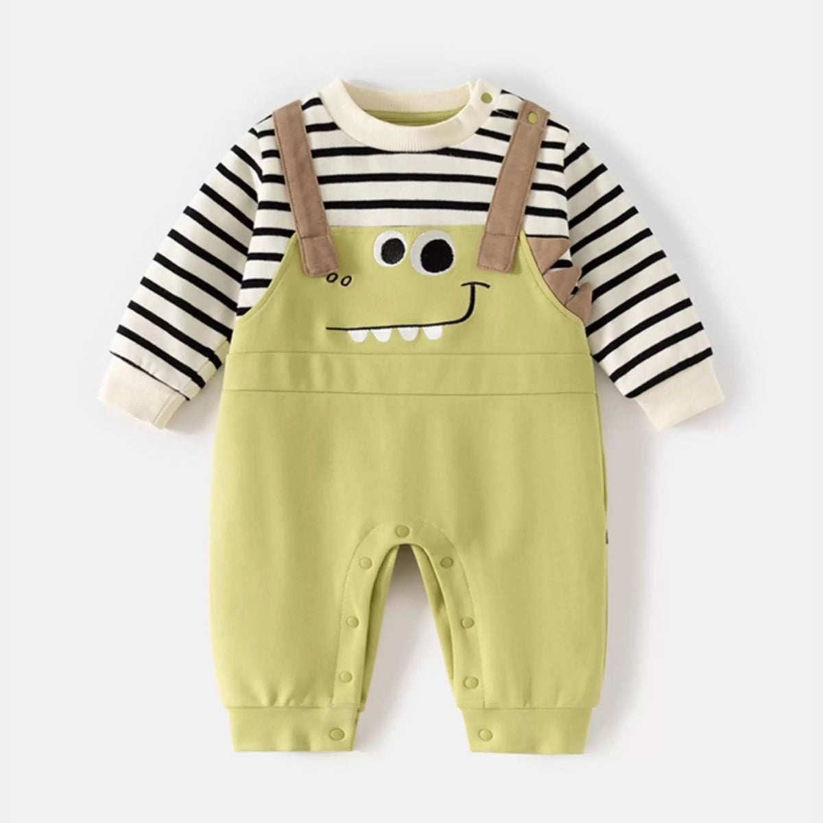 Baby romper with striped long sleeves and lime dinosaur overall front, flat lay