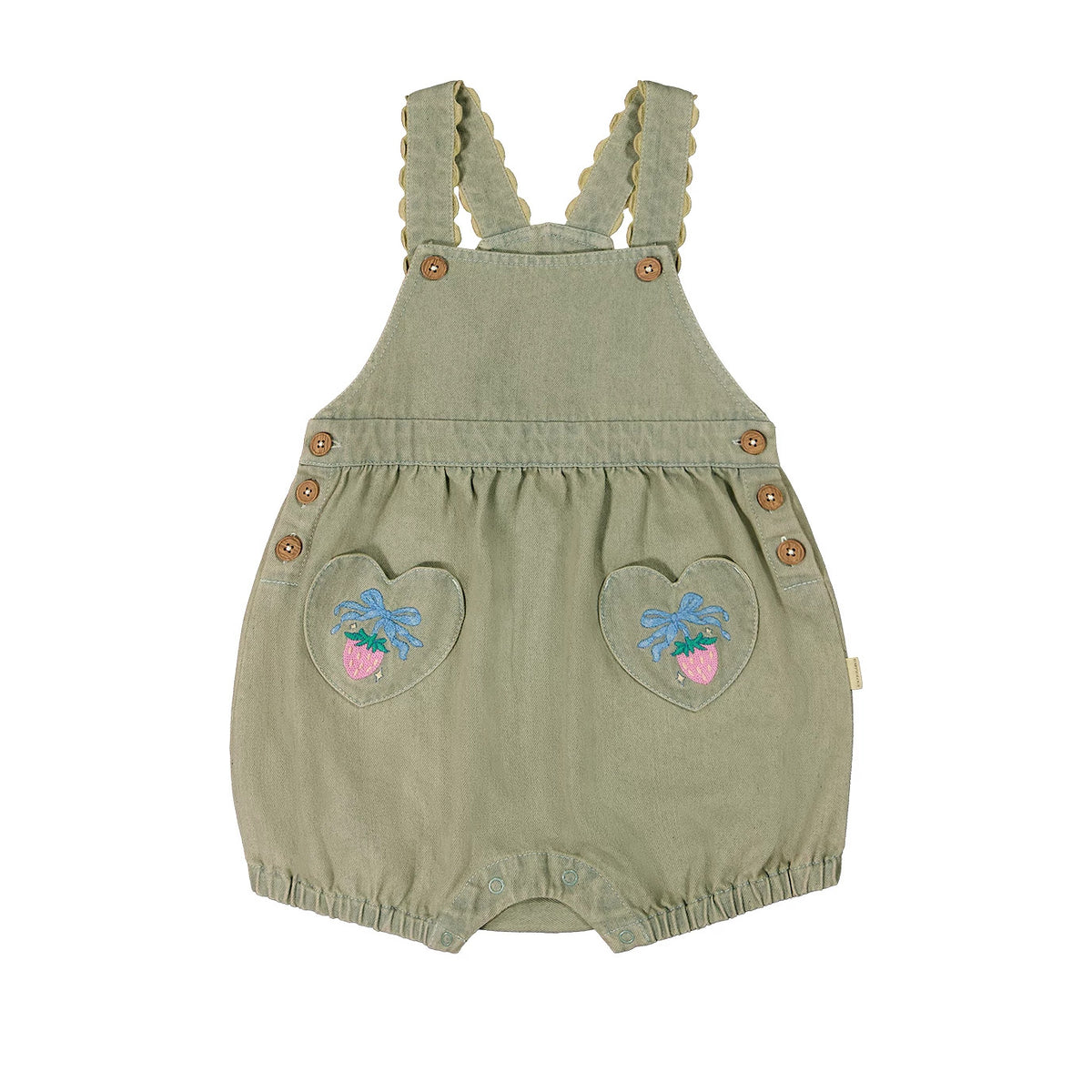 Sage green bubble shortalls with blue-bow strawberry heart pockets, product shot