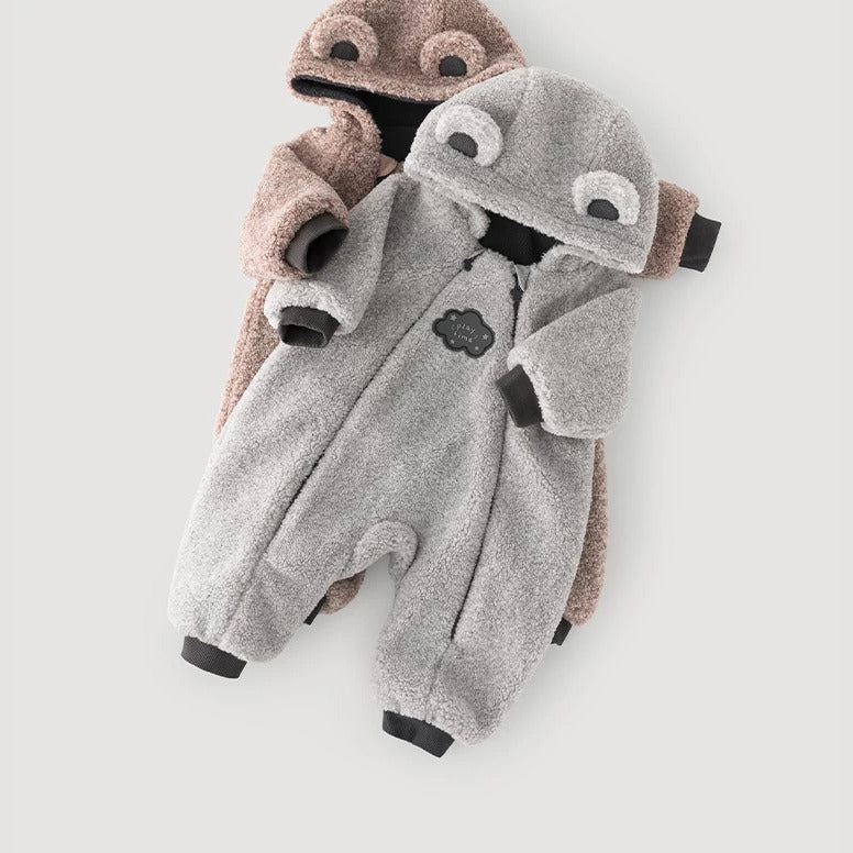 Grey and mocha teddy fleece hooded baby rompers with bear ears, flat lay