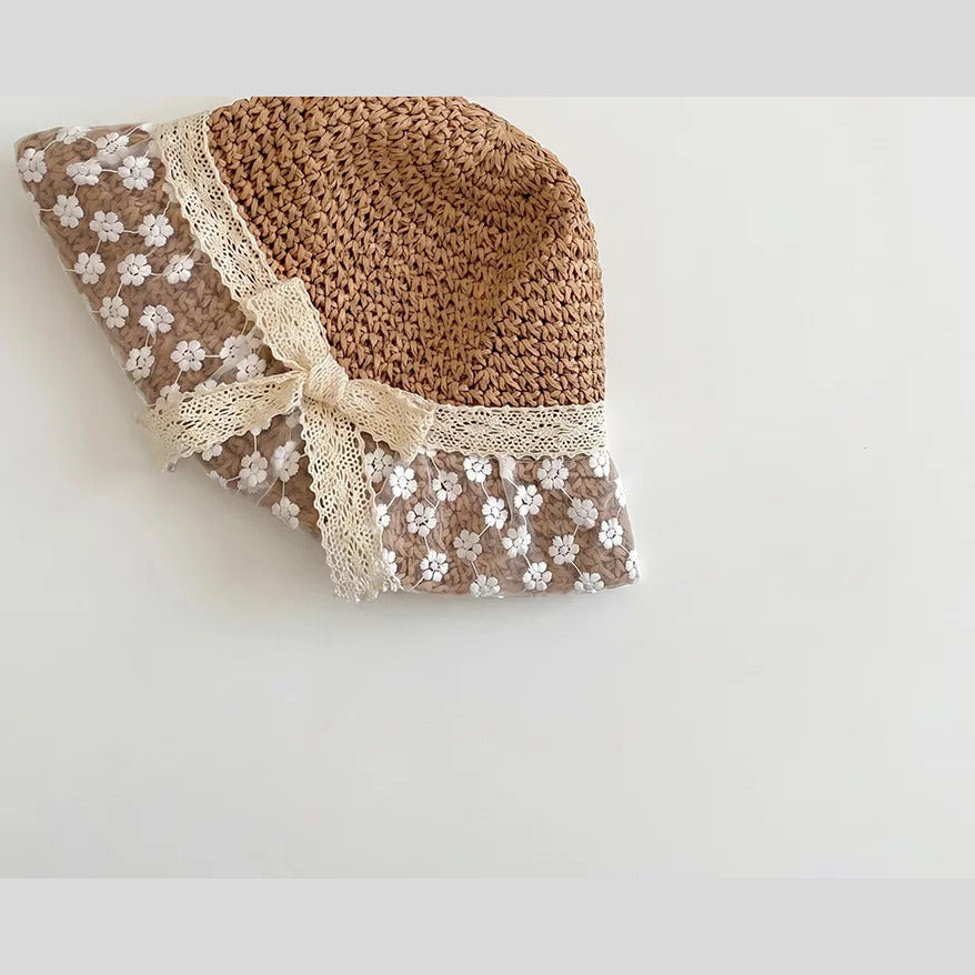 Caramel straw toddler hat with lace bow detail
