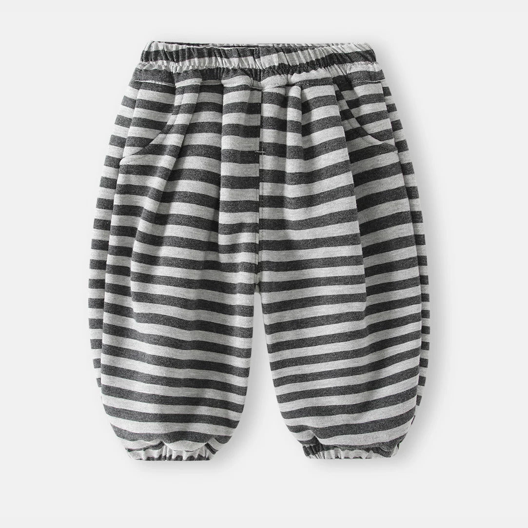 Grey and charcoal striped fleece-lined kids jogger pants, flat lay