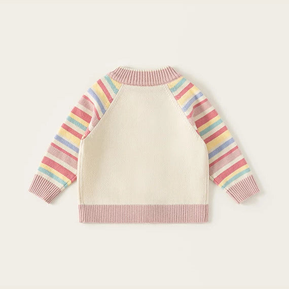 Back view of the rose rainbow-sleeve knit cardigan