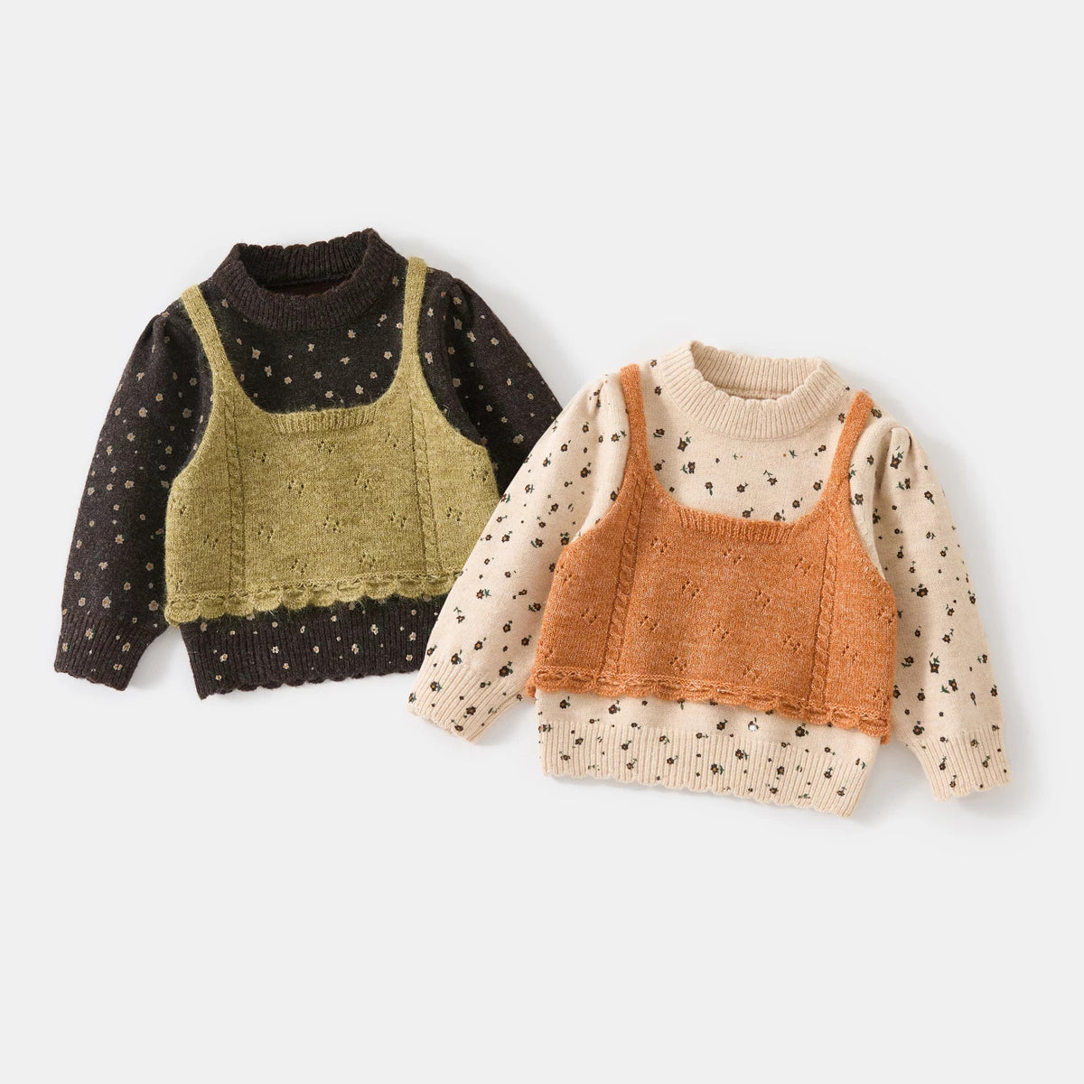 Girls layered floral knit sweaters in cocoa and pumpkin, flat lay