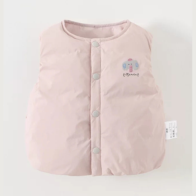 Front of the blush down vest with snap buttons and a small elephant print