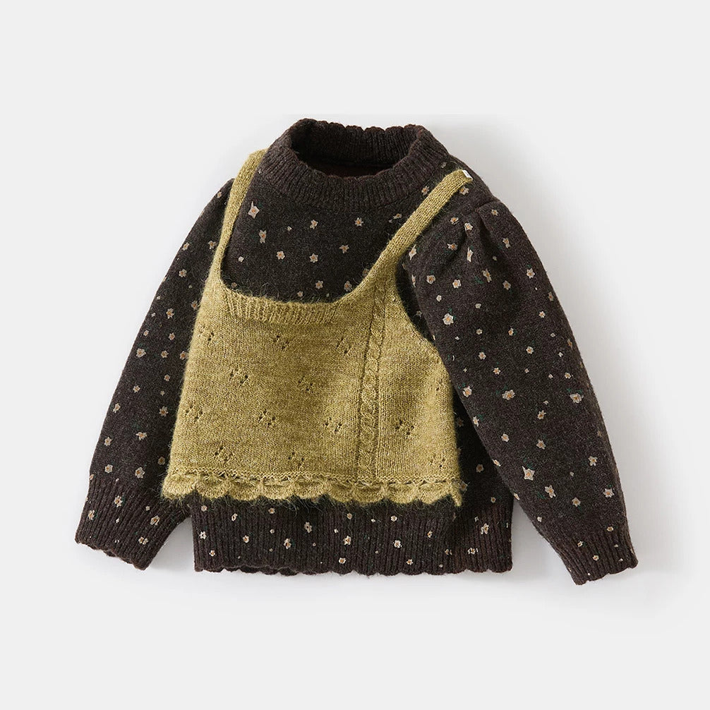 Cocoa layered-look girls sweater with olive vest, side angle