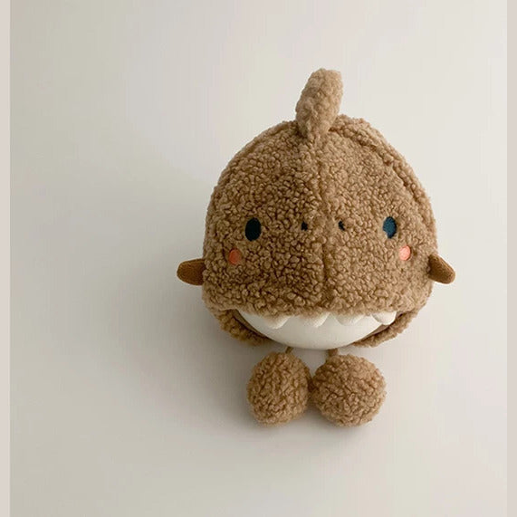 Caramel dinosaur baby winter hat with pom-pom ties