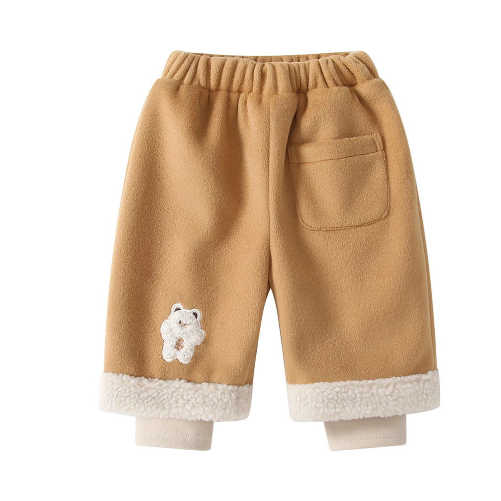 Camel fleece-lined kids pants with teddy bear patch and back pocket