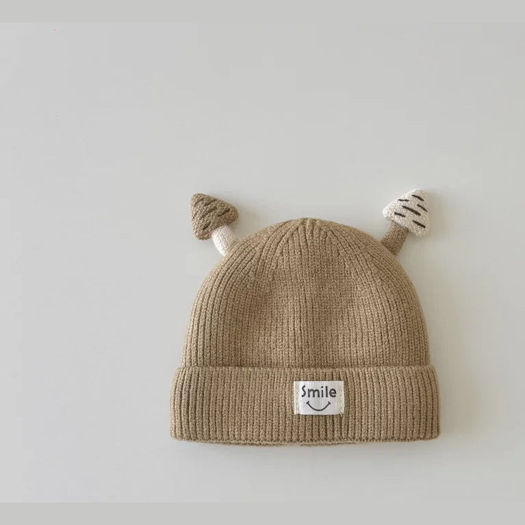 Latte brown mushroom knit beanie for babies