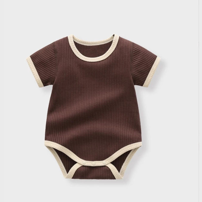 Cocoa brown ribbed baby bodysuit with cream contrast trim, flat lay