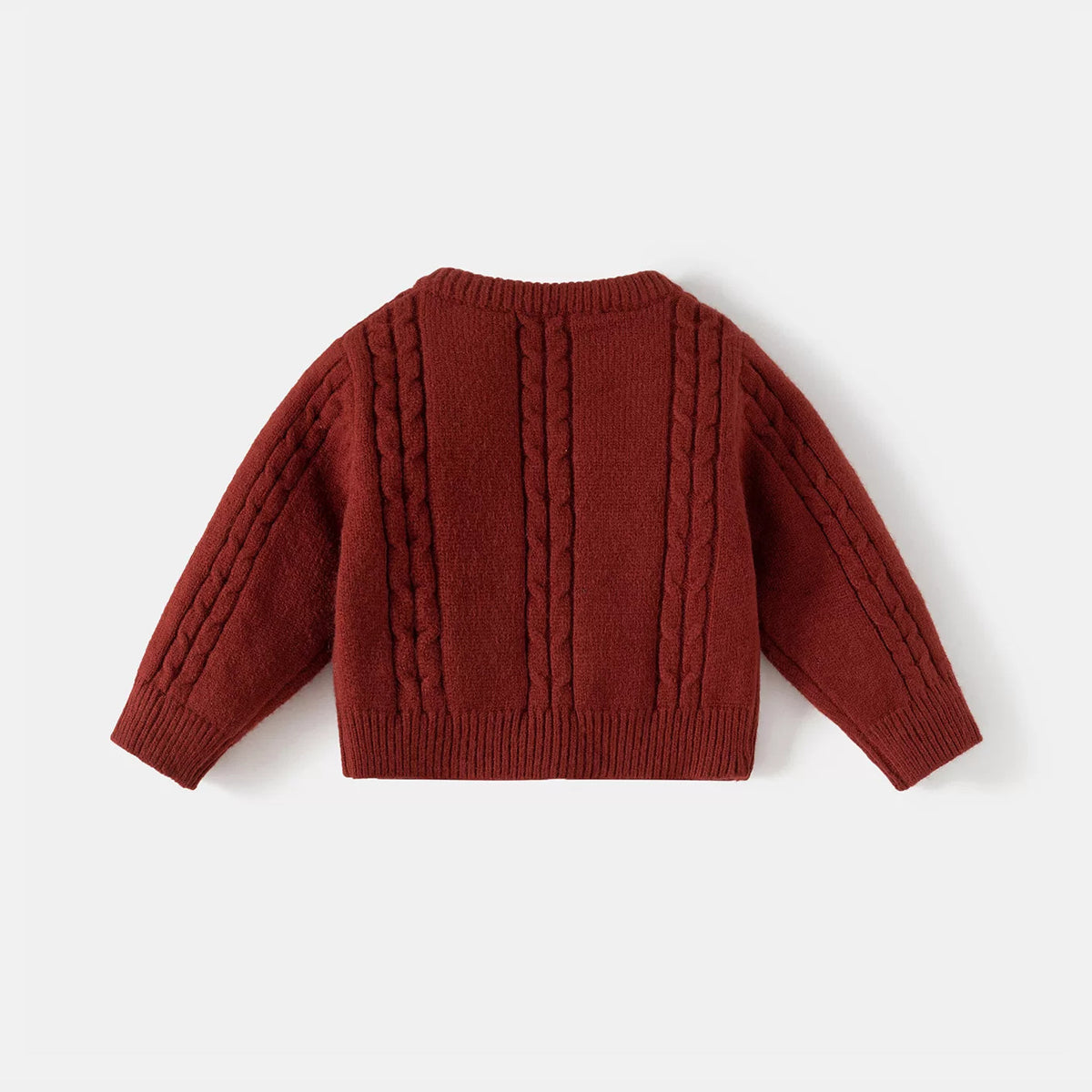 Back view of the burgundy cable-knit cardigan