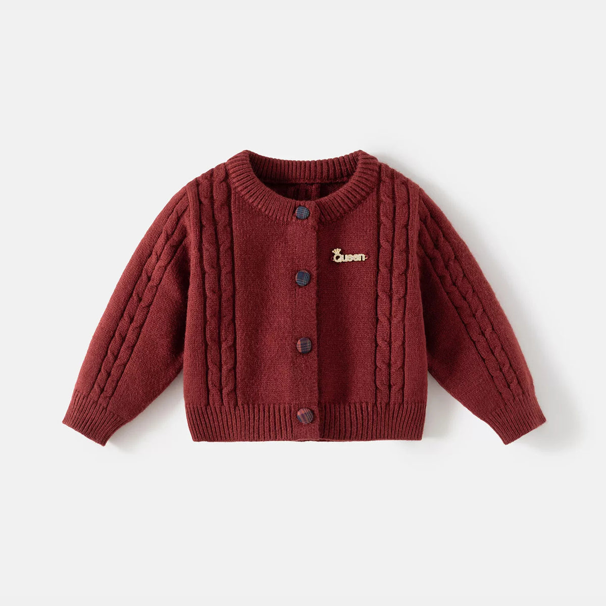 Burgundy cable-knit button cardigan for girls, flat lay