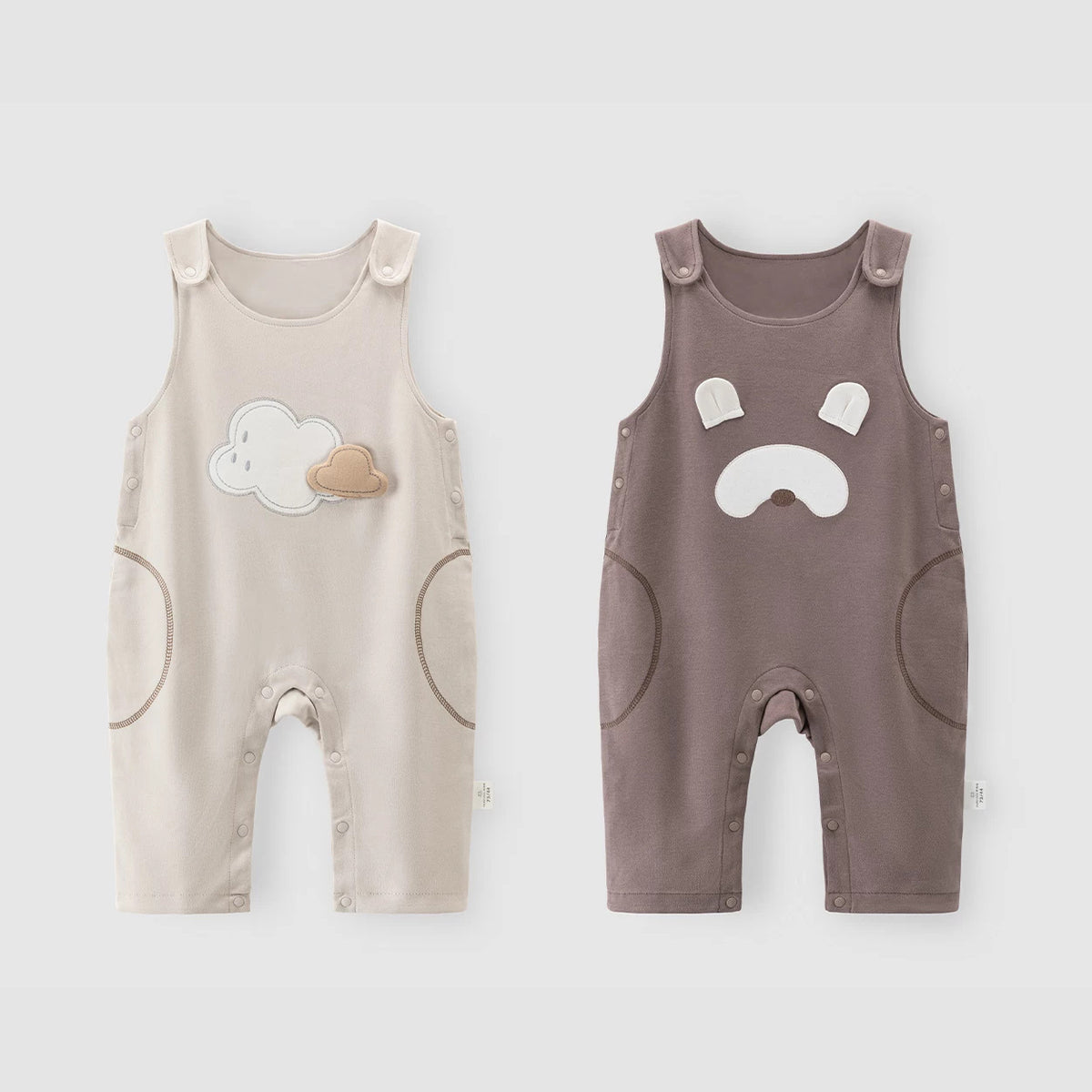 Almond cloud and mocha bear baby overalls side by side