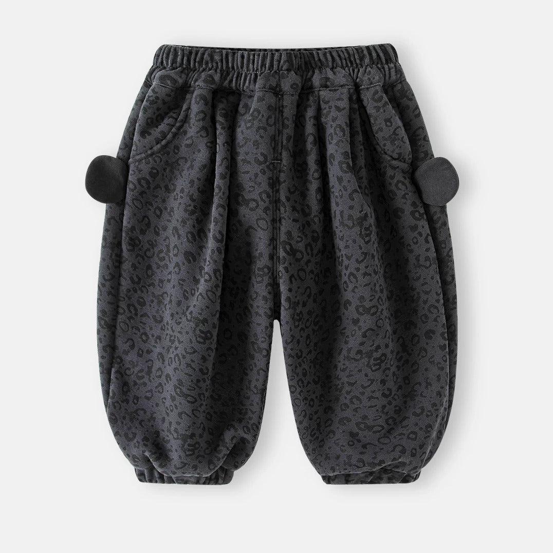 Grey leopard print fleece-lined toddler jogger pants with bear ear pockets, flat lay