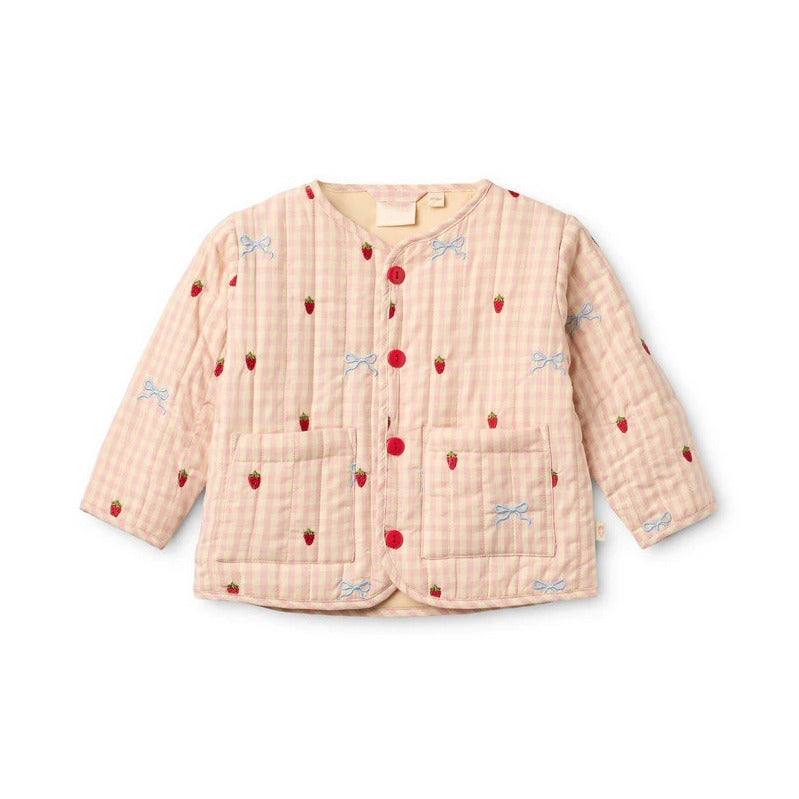 Blush pink gingham quilted jacket with strawberries and bows, flat lay