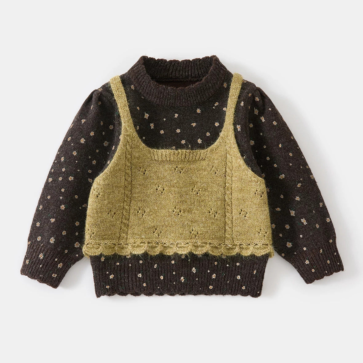 Cocoa dotted knit sweater with attached olive pointelle vest, flat lay