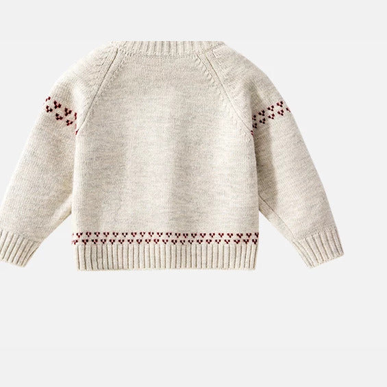 Back view of the oatmeal knit cardigan with heart-pattern trims
