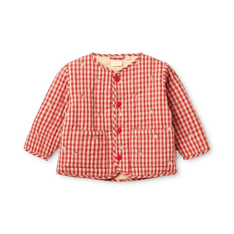 Cherry red gingham quilted jacket with embroidered strawberries, flat lay