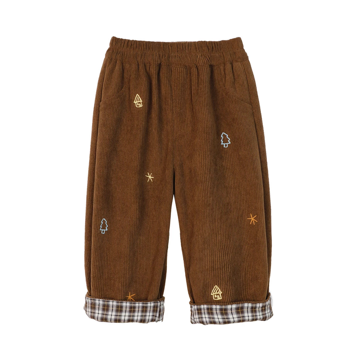 Chestnut brown fleece-lined corduroy pants with plaid cuffs, flat lay