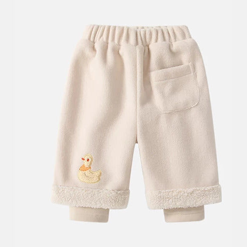 Oat cream fleece-lined toddler pants with fluffy duck patch