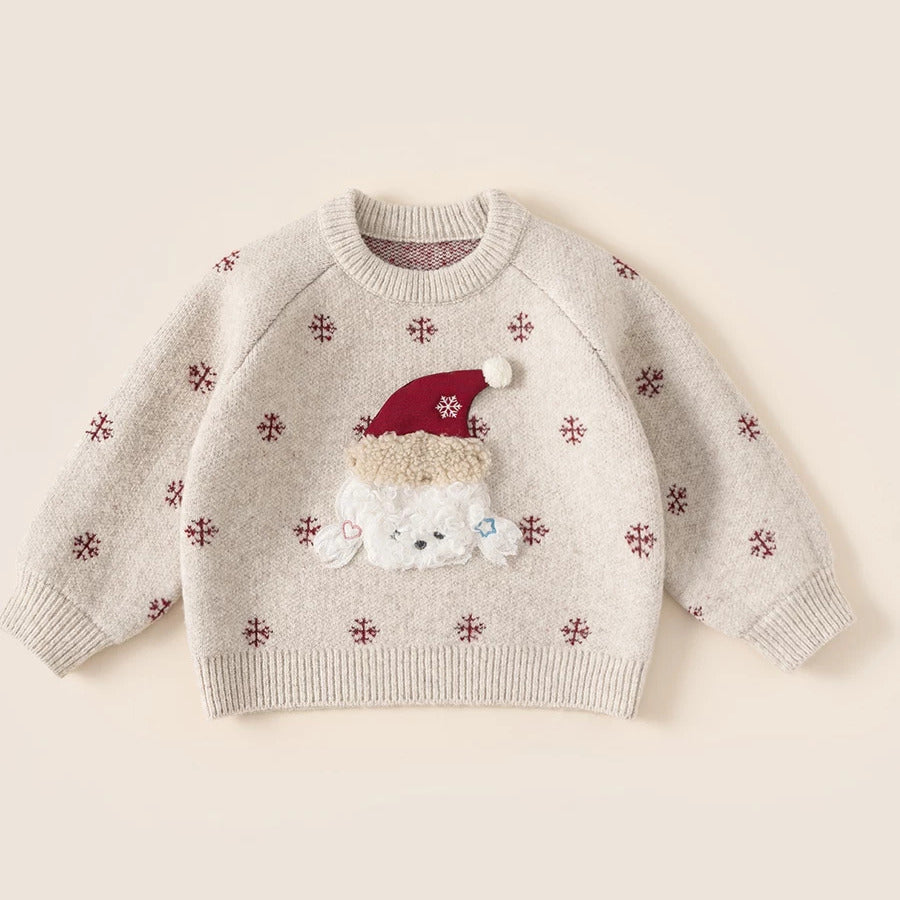 Oatmeal knit sweater with snowflakes and a fluffy puppy in a red pom-pom hat