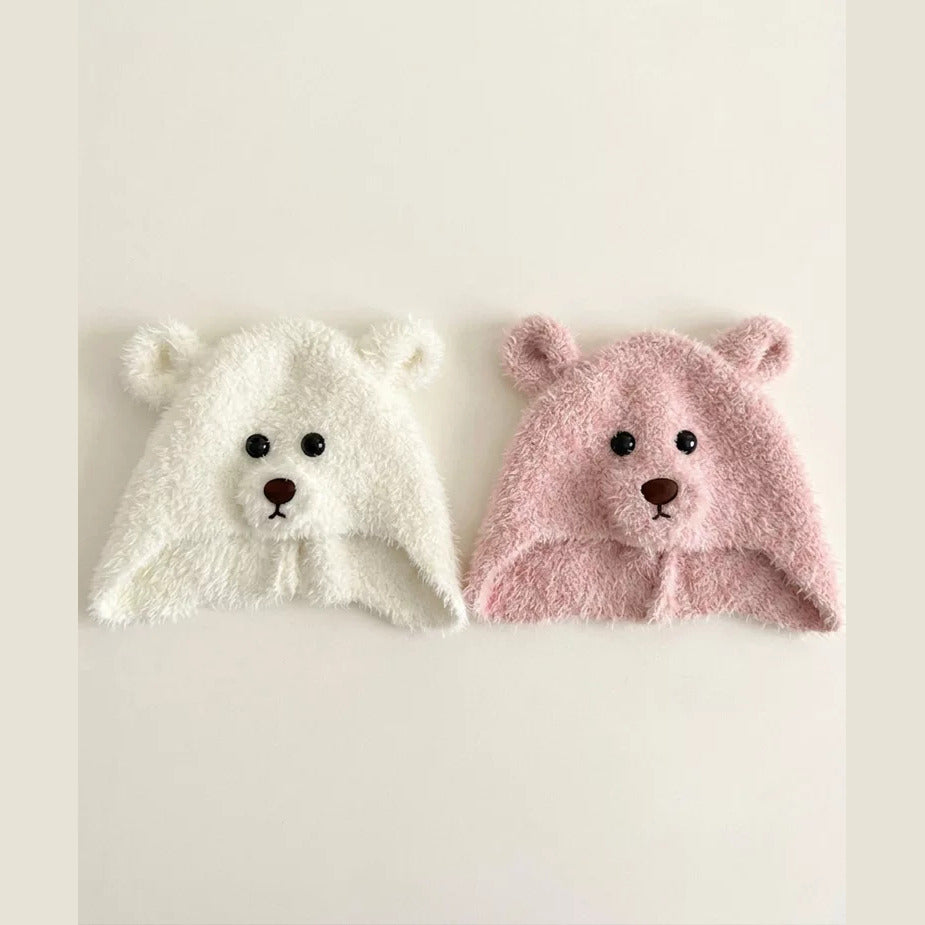 Cream and rose fluffy bear beanies with ear flaps