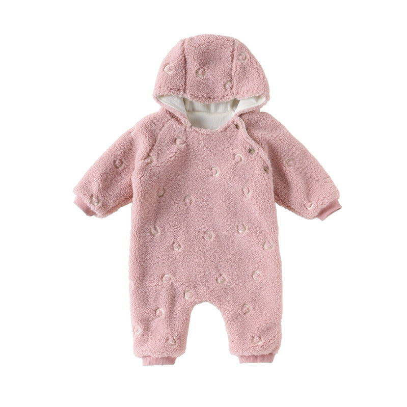 Rose pink hooded fleece baby romper with embroidered moons, flat lay